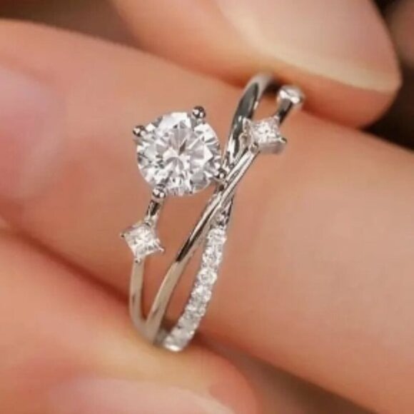 Jewelry - 14k White Gold Plated Adjustable Diamond Embellished Ring
